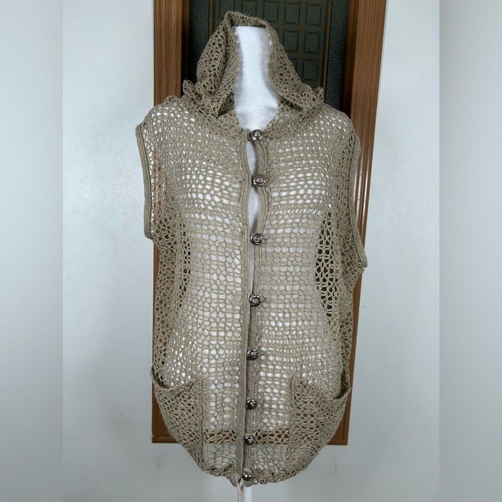 Vintage Gantos Crochet Vest Womens One Size Beige Gold Hooded Boho Sparkle